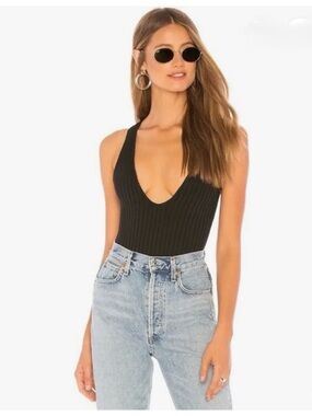 NBD Black Ribbed Deep V Tank Bodysuit Zipper Back